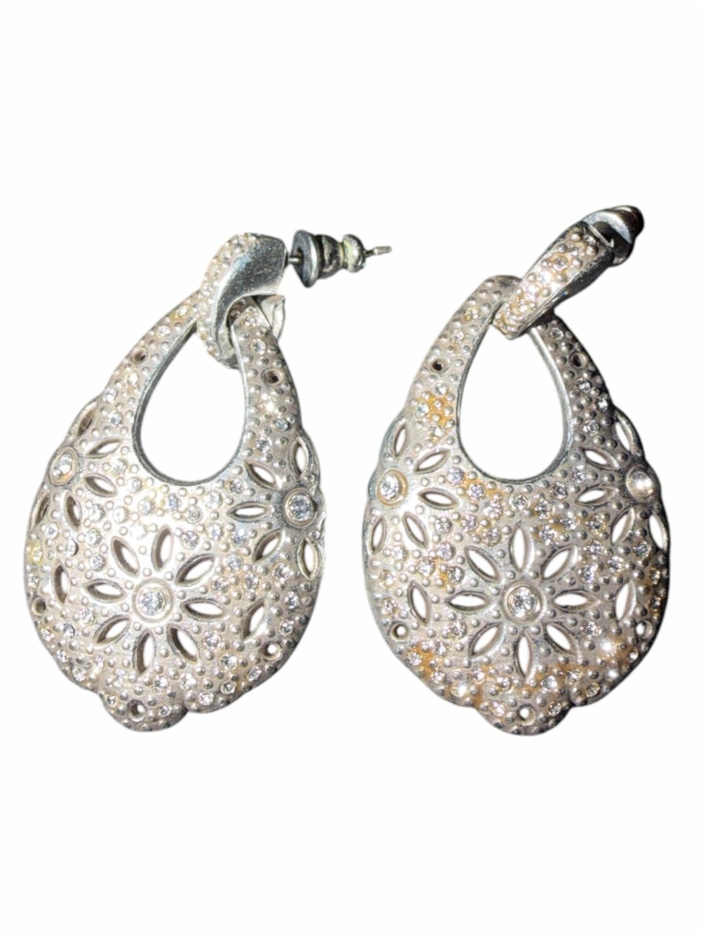 Silver tone Floral Filigree Teardrop Hoop Earrings